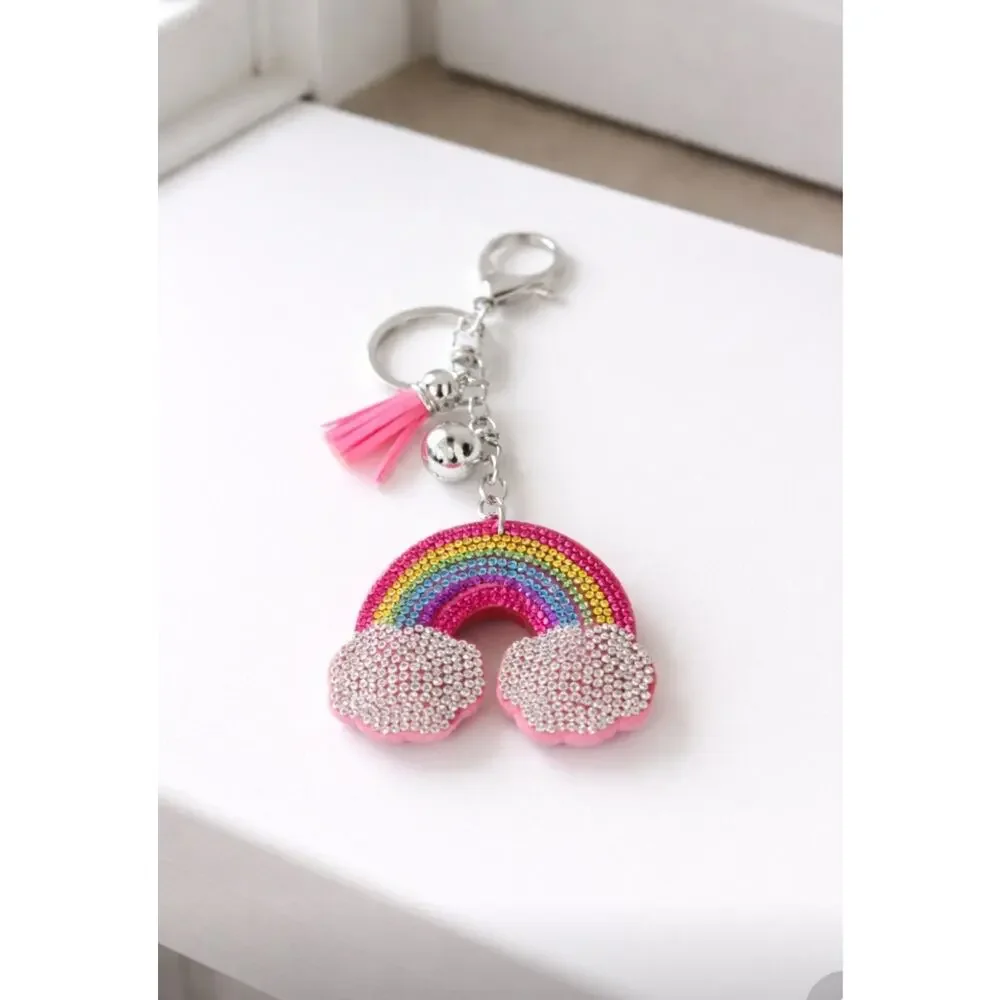 Rhinestone Pink Colorful Rainbow Bag Charm Key Chain New